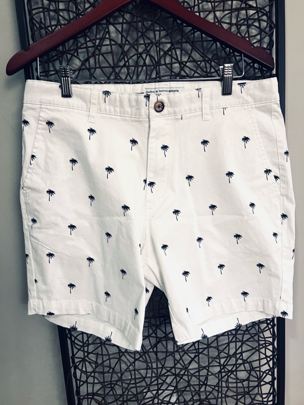 Hudson & Barrow Palm Tree Golf Shorts Str cotton White Navy 7” Men 33, 7” inseam